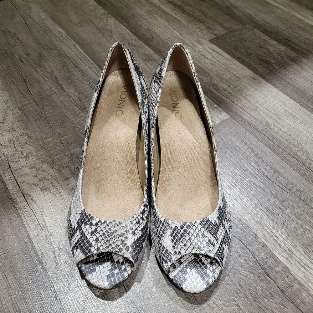 Vionic Snake-Print Peep Toe Wedge in Black and Cream